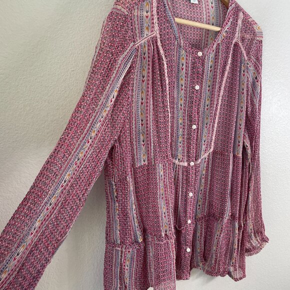 Sundance Womens Petite XL Blouse Gemini Top Berry Pink Button Down Sheer Shirt - Picture 10 of 11